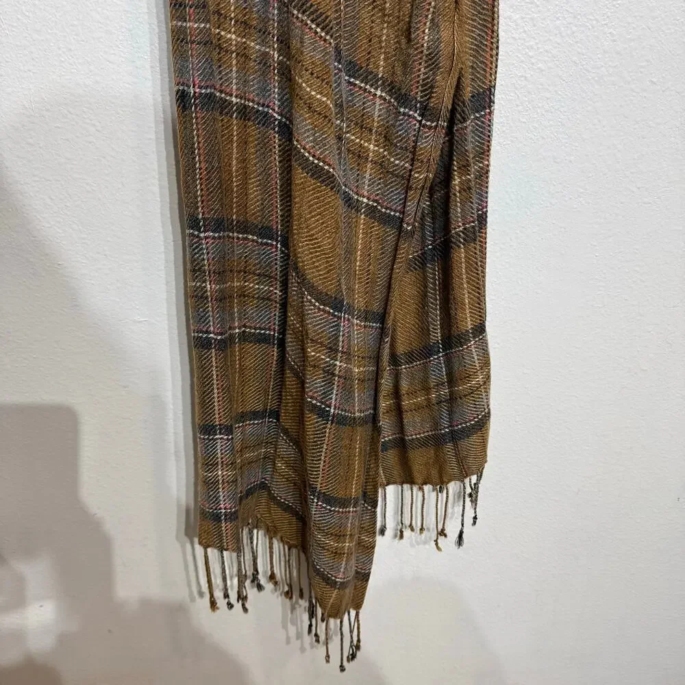 Brown Plaid Fringe Scarf Lightweight Rayon Cozy Fall Classic One Size